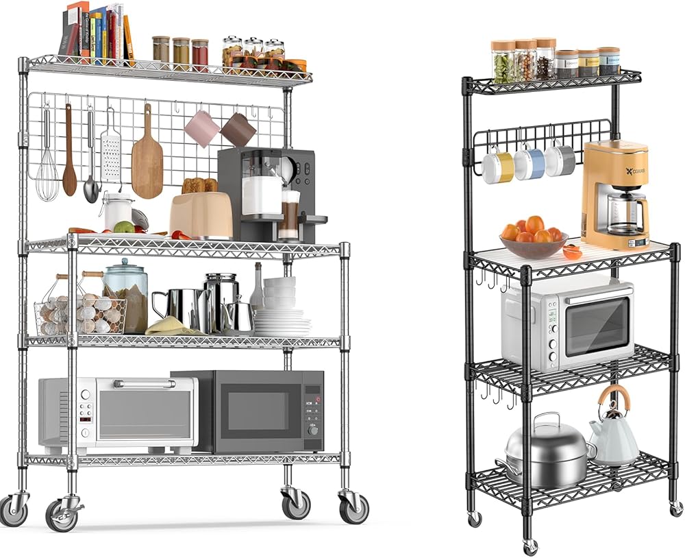 Bakers Rack for Kitchen with Storage, NSF Certified 4-Tier Adjustable Coffee Bar with Wheels Microwave Stand Kitchen Storage Shelf Metal Storage Rack, Black & Chrome