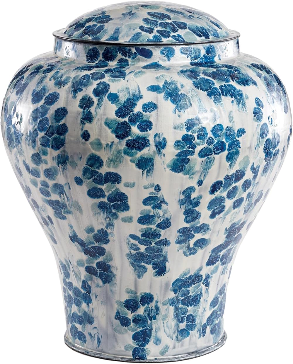 MY SWANKY HOME Elegant Vintage Style Enameled Metal Lidded Urn Jar Blue White Floral Dots