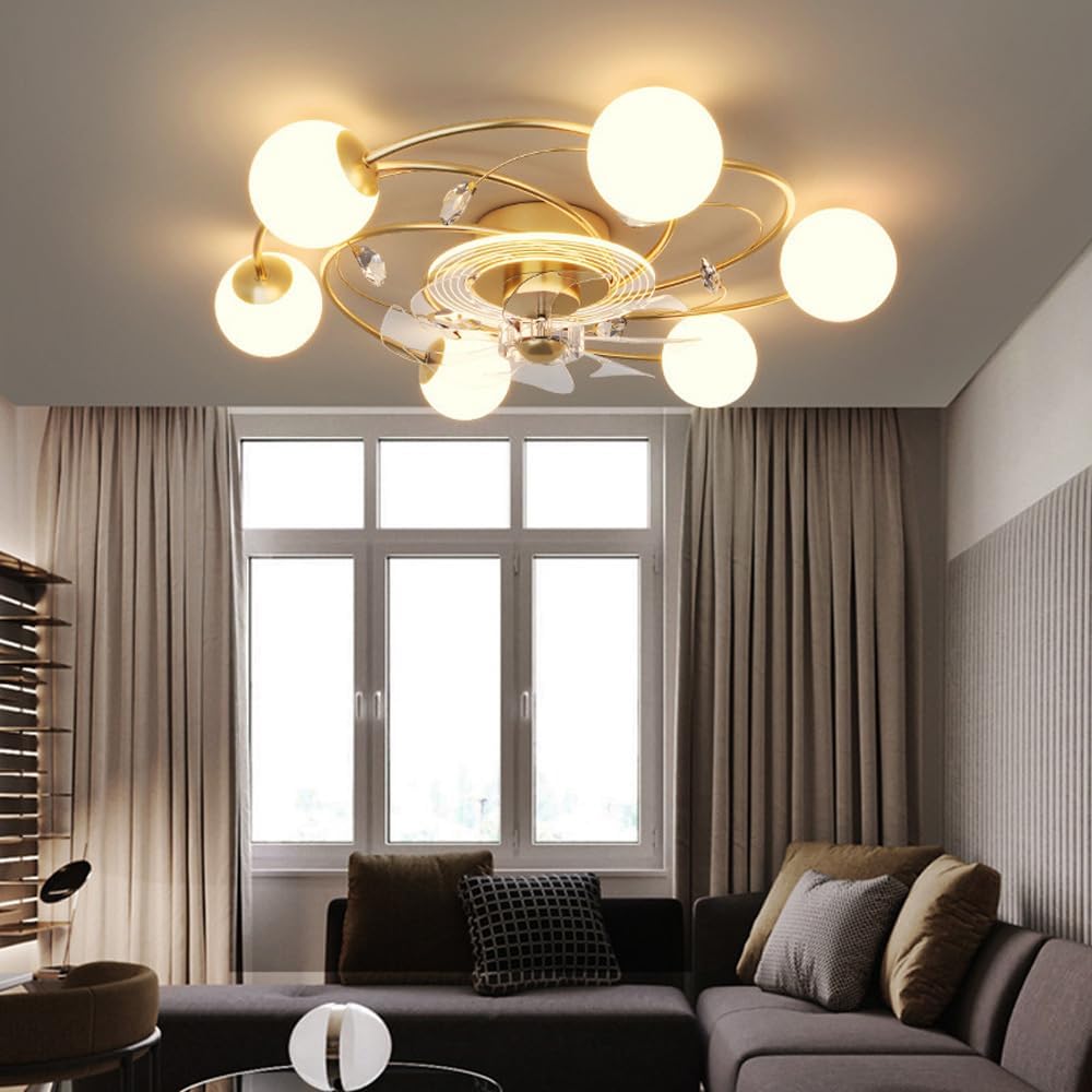 9-Light Gold Mid Century Modern Ceiling Fan with Light Low Profile Dimmable LED Flush Mount Ceiling Fan Light with Remote for Bedroom Living Room Bathroom, Sputnik Milk Shade Bladeless Fan