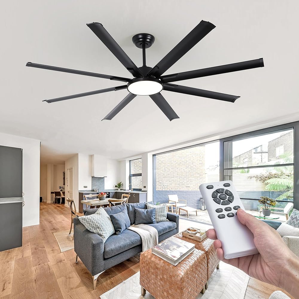 74 Inch Ceiling Fans with Lights and Remote Control, 8 Aluminum Blades Reversible Quiet DC Motor, 6 Speed and 3 Color Lights, Large Black Ceiling Fan LED Light for Commercial and Industrial