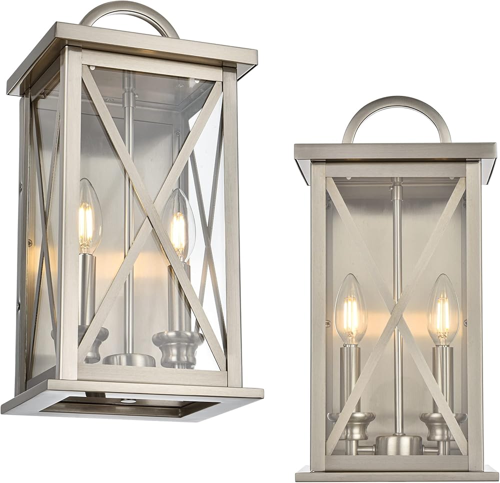 2-Light Exterior Light Fixtures 2 Packs Outdoor Wall Lantern Wall Mount in Brushed Nickel Finish Waterproof Wall Sconce with Clear Glass for Porch Front Door Patio Yard Garage