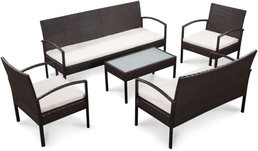 vidaXL Patio Furniture Set 5 Piece, Patio Conversation Set with Cushions, Outdoor Sectional Sofa with Coffee Table for Garden, Poly Rattan Brown