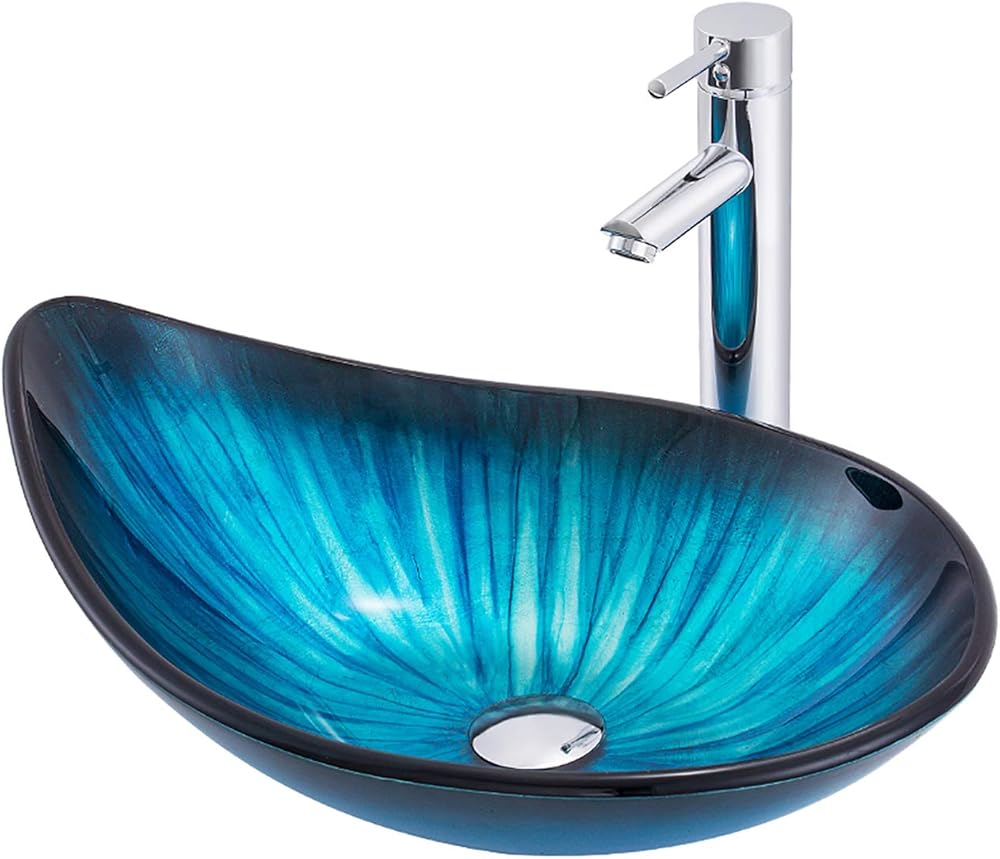 Bathroom Vessel Sink Tempered Glass Vessel Sink Water Drop Artistic Vessel Sink Vanity Counter Top Installation Bathroom Vanity Sinks with Pop up Drain, Chrome Tap,Blue