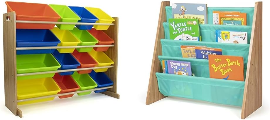 Humble Crew Kids Toy Storage Organizer with 16 Bins and Seafoam Green/Natural Kids Bookshelf 4 Tier Book Organizer, 25