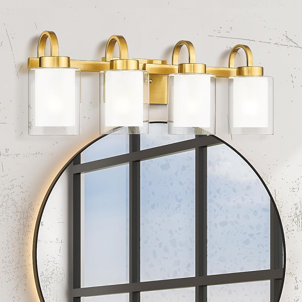 TENGXIN 4-Light Bathroom Vanity Light, Brushed Gold Vanity Light Over Mirror, Farmhouse Wall Sconces with Dual Glass Shade, Modern Wall Lamp for Bathroom Hallway Living Room,TXVLBG03