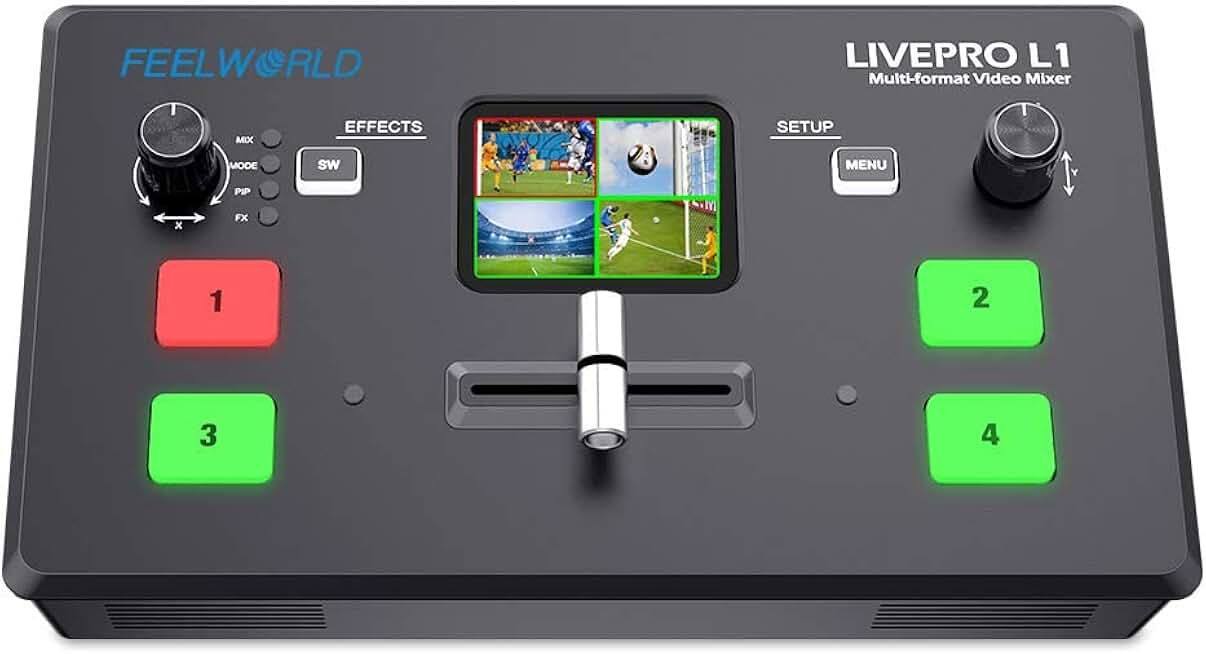 Feelworld LIVEPRO L1 V1 Multiformat Video Mixer Switcher 2 Inch LCD Display 4X HDMI Input USB3.0 Live Streaming/Camera Production/Live Broadcast (with USB Cable + Adapter)