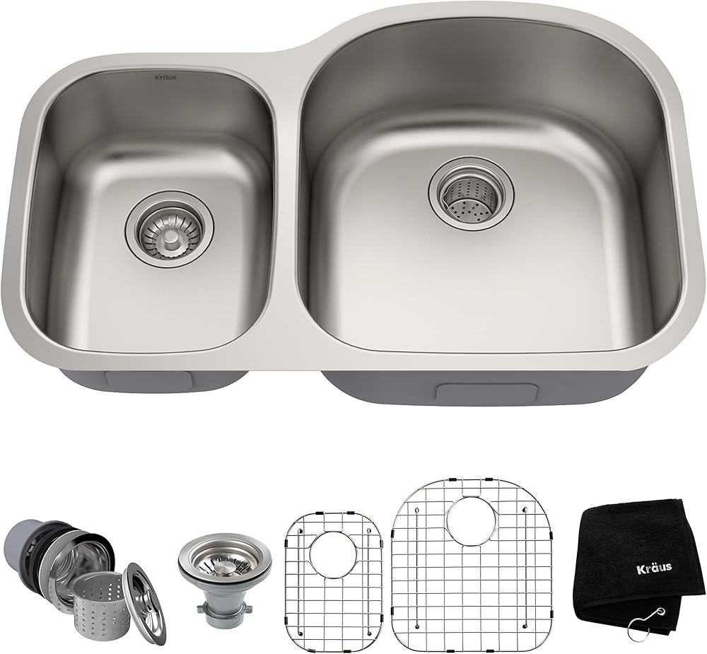 Kraus KBU25 32 inch Undermount 40/60 Double Bowl 16 gauge Stainless Steel Kitchen Sink