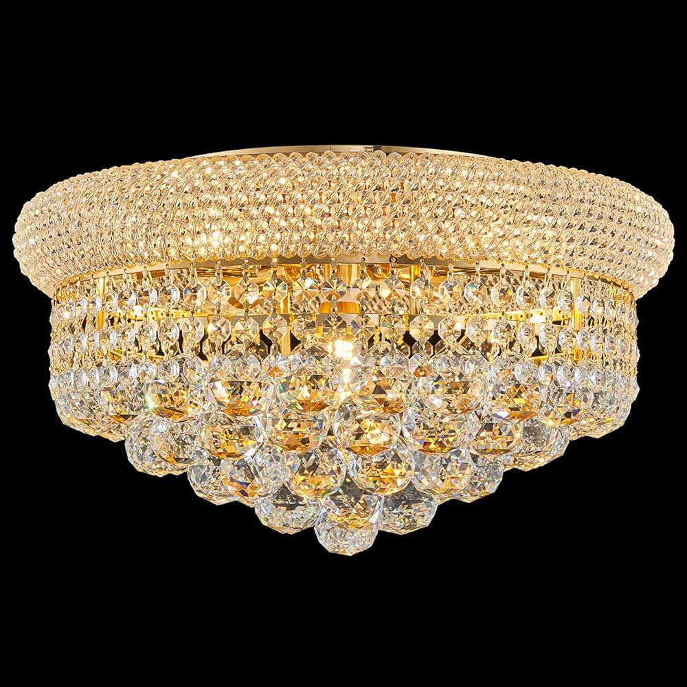 7 - Light Flush Mount Crystal Chandelier for Living Room Dining Room Entryway Hallway Bedroom Foyer Gold Finish