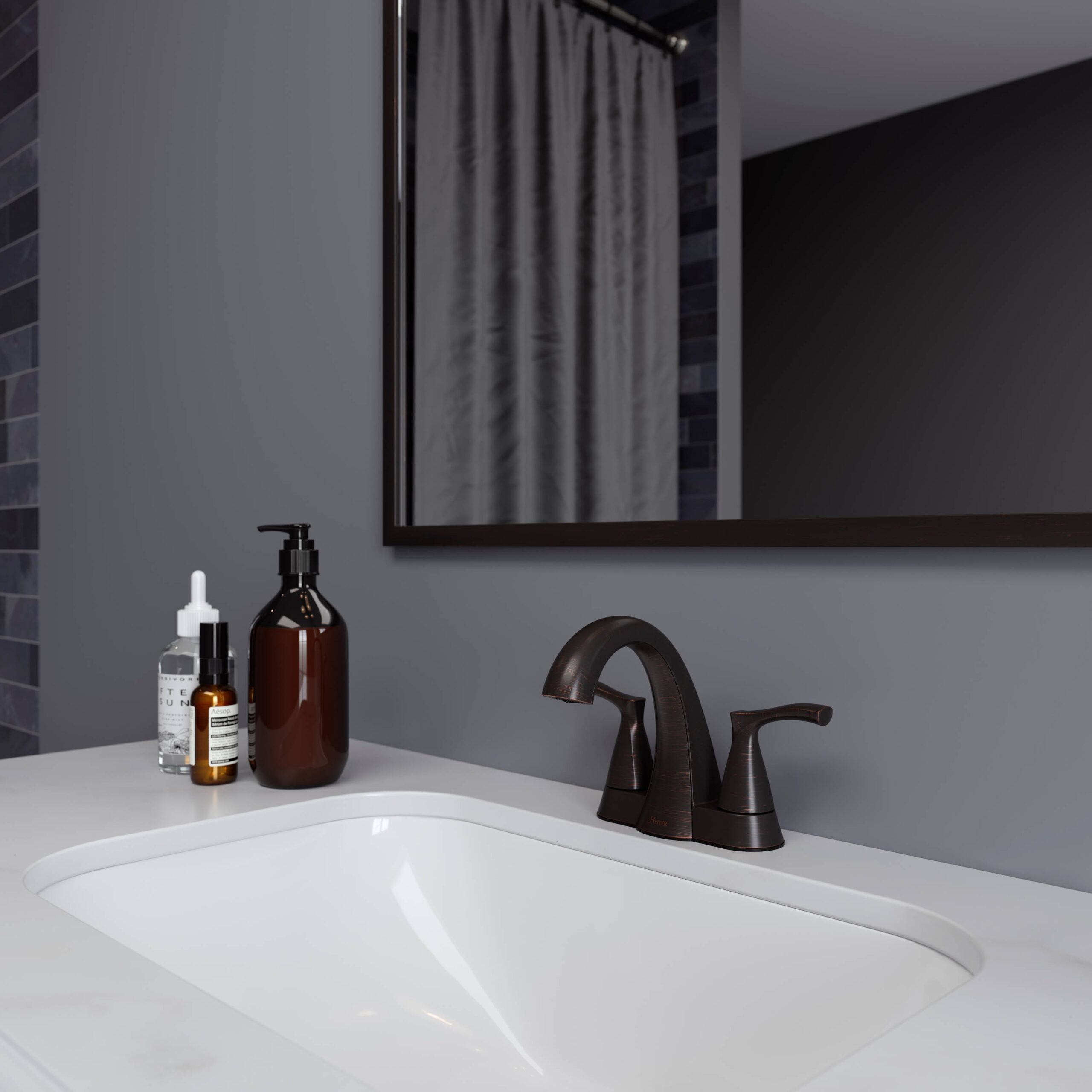 Pfister Masey Tuscan Bronze 4-in centerset 2-handle WaterSense Bathroom Sink Faucet with Drain and Deck Plate