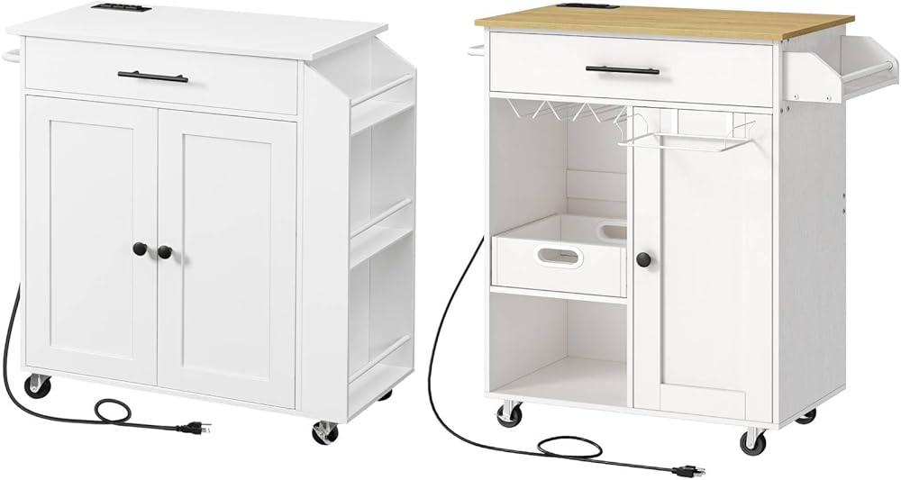 HOOBRO Rolling Kitchen Island Cart and Kitchen Island with Power Outlet Bundle, Kitchen Storage Island with Spice Rack and Drawer, for Home, Kitchen and Dining Room WT82UZD01G1-WN90UZD01