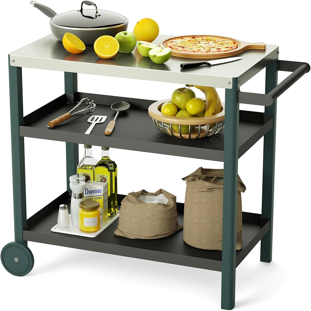 Outdoor Grill Table,Dining Cart Table with 3-Shelf,Kitchen Island with Storage,Stainless Steel Flattop,Side Handle,L34 x W 19.7