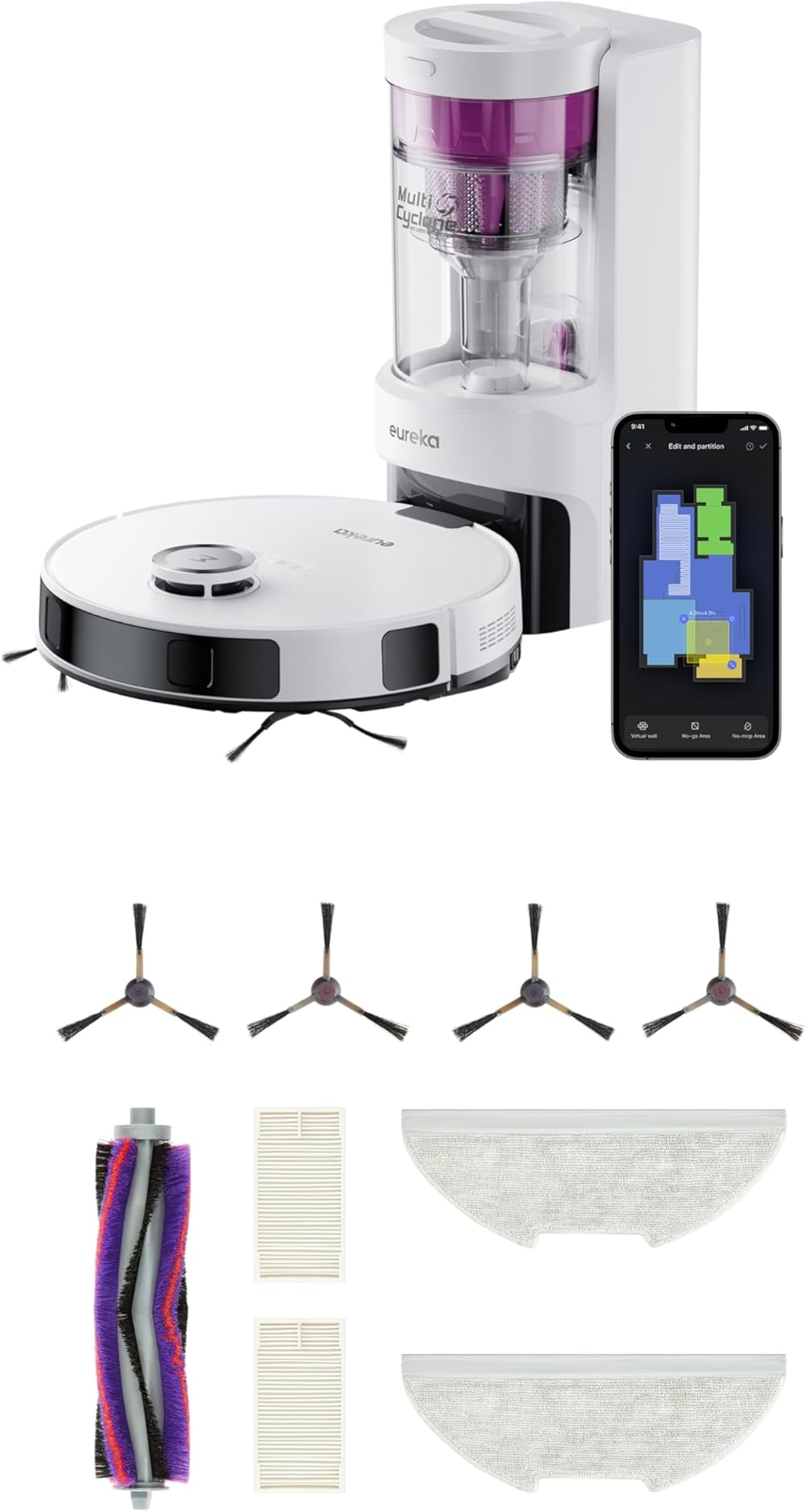 Eureka E10s Robot Vacuum with Bagless Self Emptying Station and Authentic Replacement Parts Accessories Bundle - Robotic Vacuum and Mop Combo, 45-Day Capacity, 4000Pa Suction, Auto Lifting Mop, White