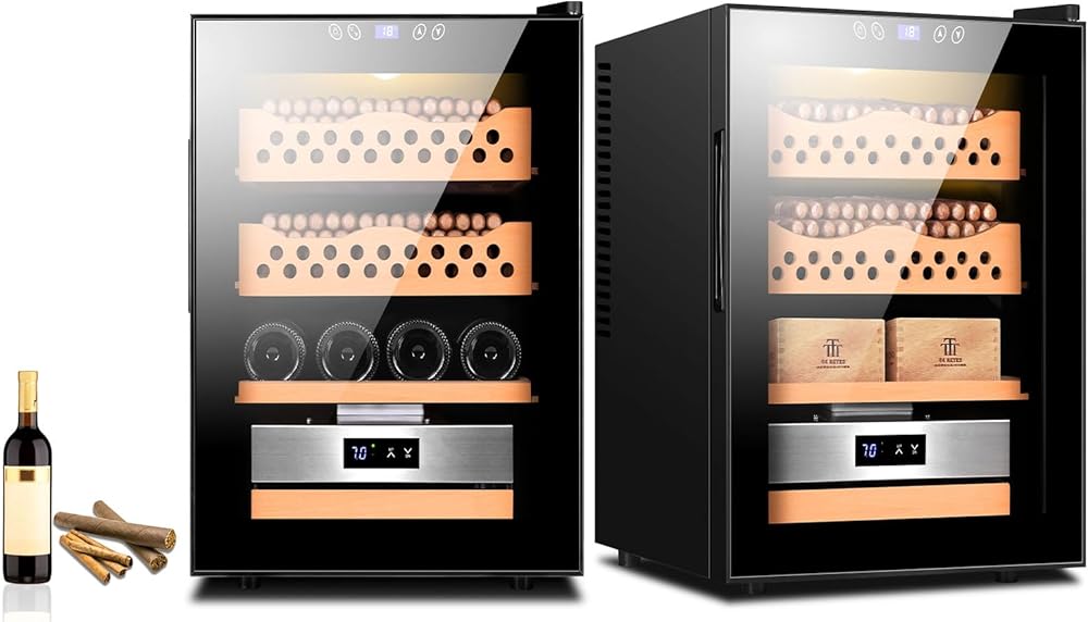 Electric Cigar Humidors Cooling, 50L Electronic Humidor Cabinet with Spanish Cedar Wood Shelves & Hygrometer Airtight, Wine Cabinet+Cigar Container for 150-200 Cigars
