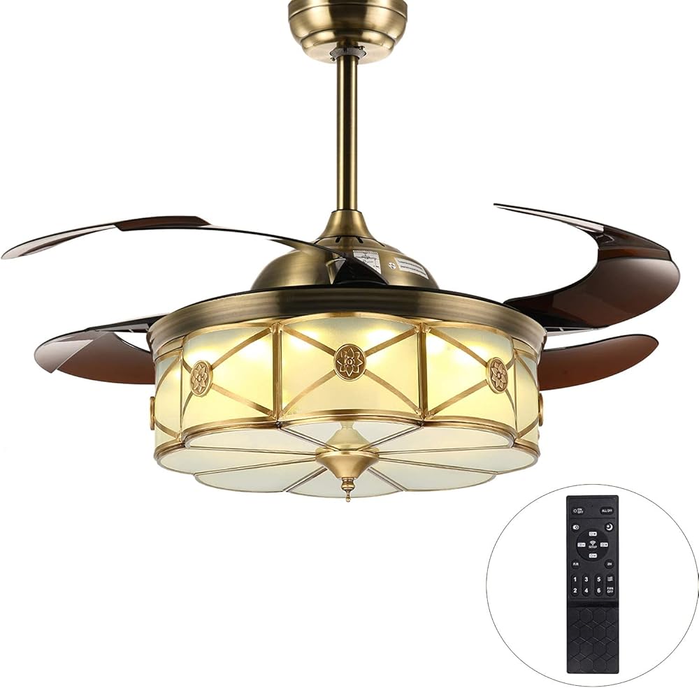 Moooni 36 Inch Retractable Ceiling Fan with Lights and Remote, Dimmable LED Chandelier Fan with Reverse Blades, Vintage Tiffany Style Fandelier Light Kit for Bedroom Living Room, Bronze