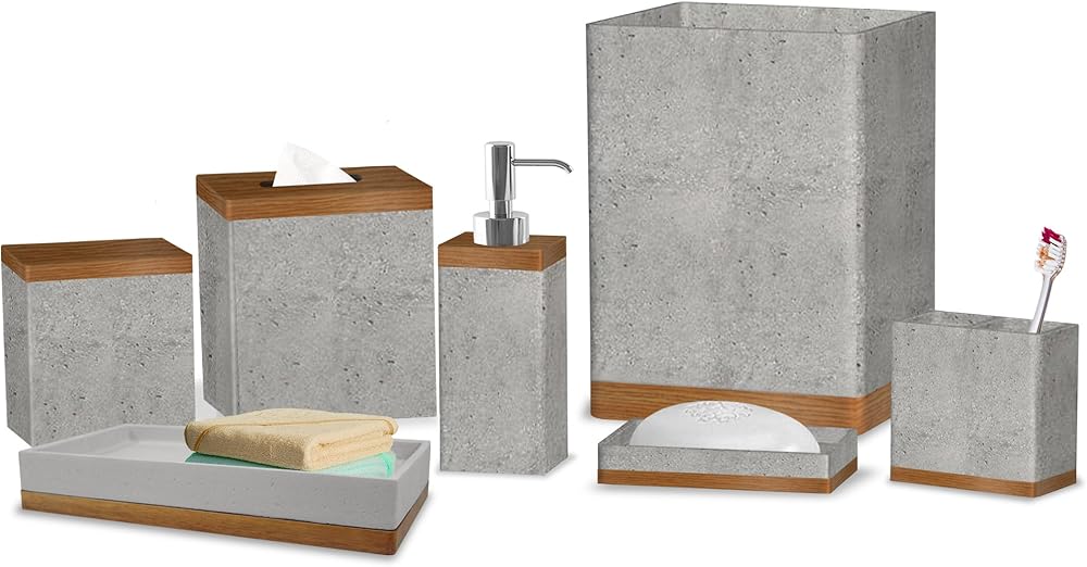 nu steel Concrete, Made of Cement Bath Accessory Set Vanity Countertop, 7pc Luxury Ensemble-Cotton Swab, Dish, Toothbrush Holder, soap Pump, Waste Basket, Tissue Box, Tray, Grey Stone/Brown