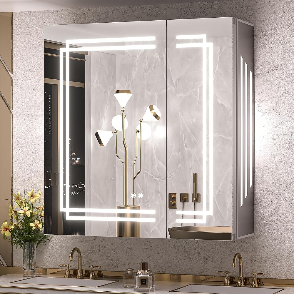 TokeShimi Medicine Cabinet 30x32 in Bathroom LED Vanity Mirror 3 Colors Stepless Dimming CRI 80+ Anti-Fog Memory Funtion Wall Mount Make up Mirror for Bathroom Décor