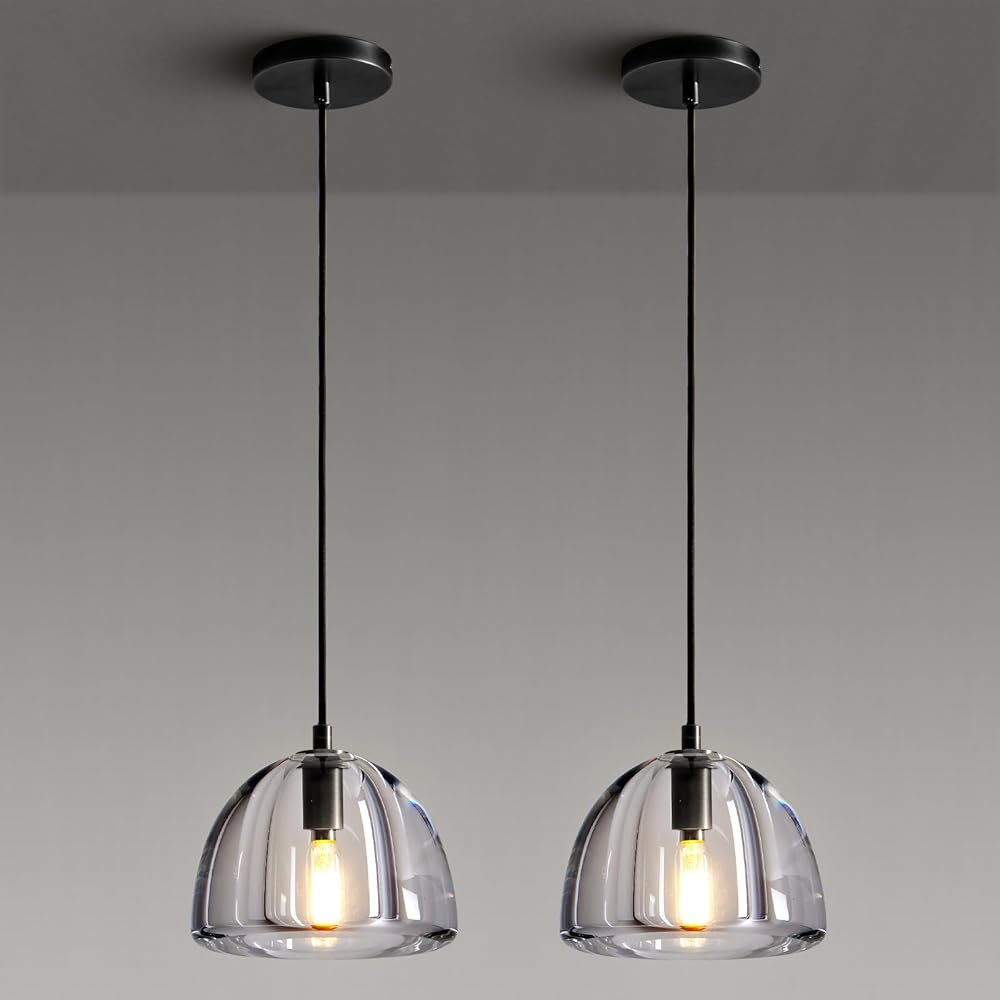 Black Crystal Hemisphere Pendant Light, Kitchen Pendant Lighting Over Island, Farmhouse Pendant Light for Indoor Kitchen Island Dining Room Living Room Bedroom Bathroom, E12 Bulb Included 2PCS