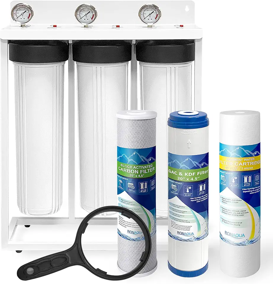 3 Stage High Capacity 20” White Whole House Water Filter System, Freestanding Steel Frame, Sediment, GAC+KDF & Carbon Cartridges, Presser Relief Button, 1” Brass Port, Pressure Gauges, Double O-Ring