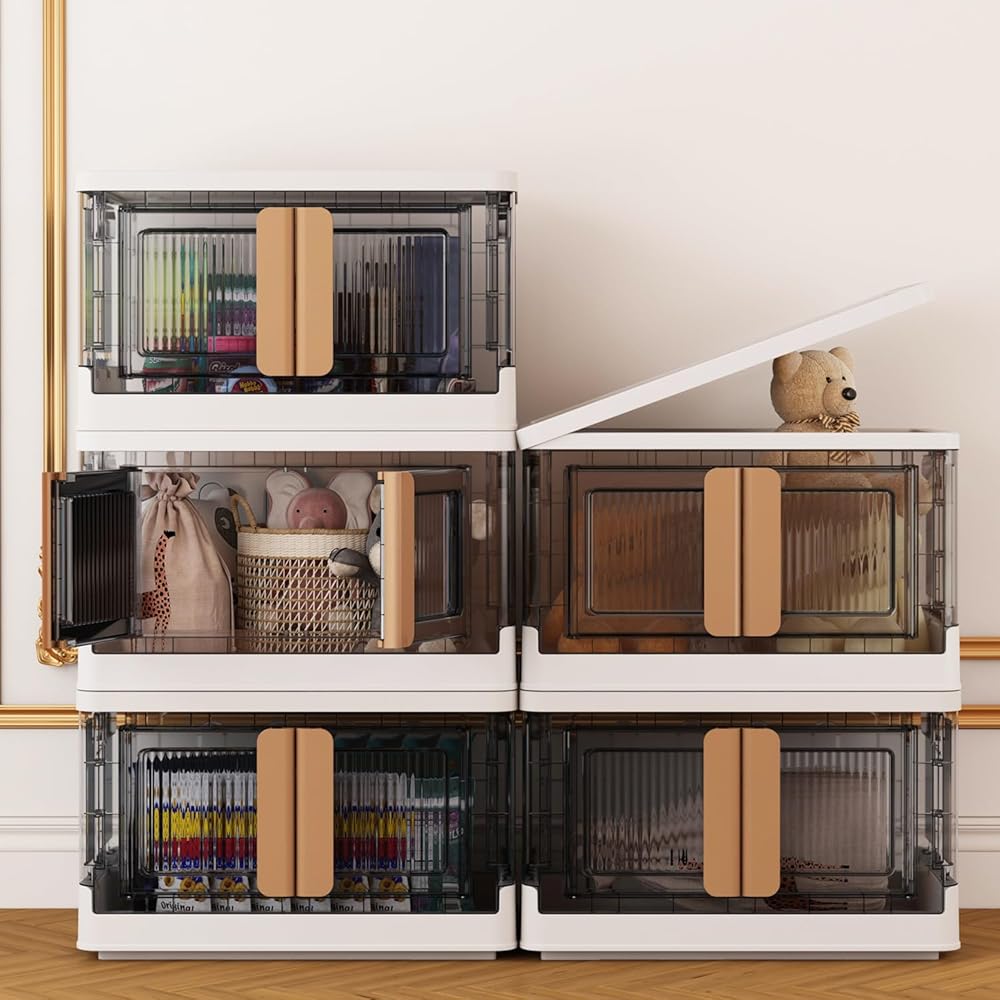 5 Packs 19Gal Plastic Storage Bins for Closet Organizers and Storage, Folding Storage Box, Stackable Storage Bins with Open Front Door, Storage Bins with wheels, Collapsible Storage Bins