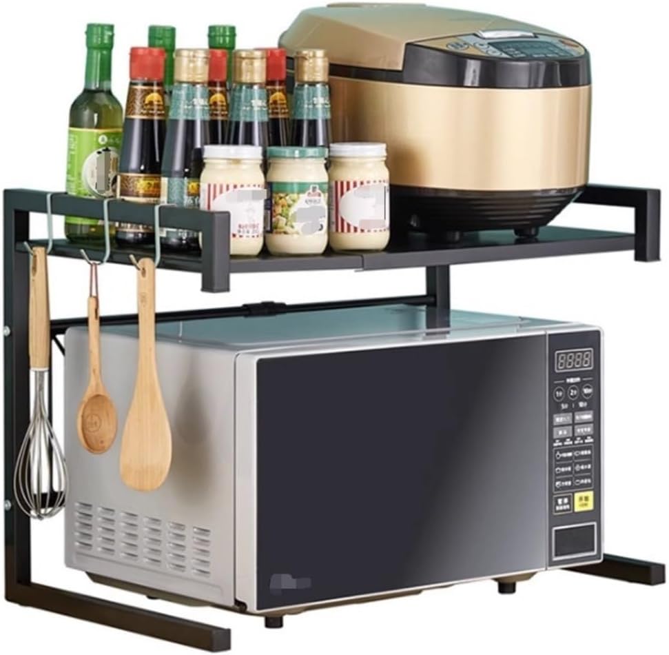 Microwave Stand Microwave Oven Rack Expandable Microwave Oven Rack Adjustable Length Microwave Steel Shelf Rack 2-Tier With 3 Hooks Kitchen Storage Rack Microwave Rack Microwave Oven Stand (A black)