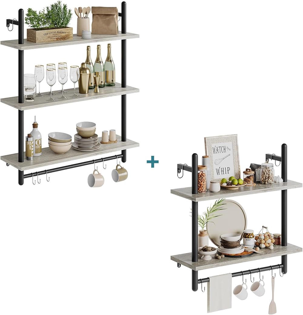 Bestier Floating Shleves Wall Mounted Kitchen Shelves, Storage Hanging Shelves with Towel Bar for Bathroom, 2 & 3 Tier Bundle, Retro Grey