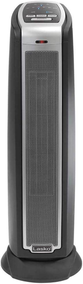 Lasko Portable Electric 1500 Watt Indoor Oscillating Tower Ceramic Space Heater with Adjustable Thermostat, Remote, and Timer, Silver