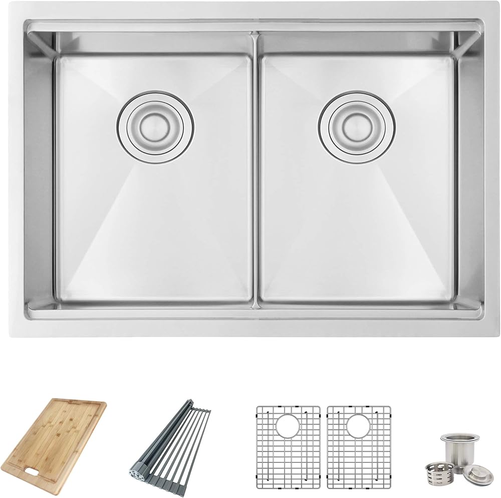 AZUNI 28 x 19 inch Stainless Steel Double Bowl Undermount 16G Workstation Kitchen Ledge Sink with Luxury Basket Strainers, Grids, Drying Rack and Bamboo Cutting Board, C228L