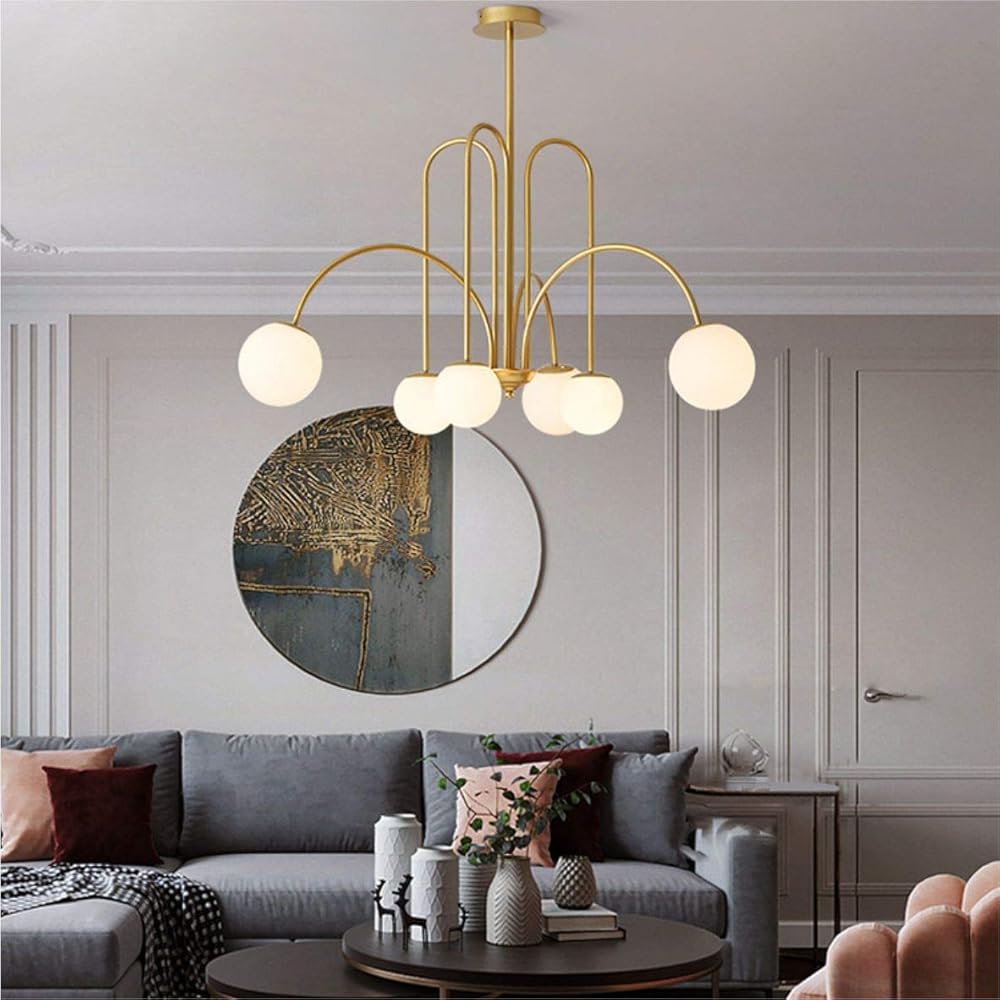 Mid Century 6 Lights Globe Chandelier Modern Sputnik Pendant Light Brushed Brass Decorated White Spherical Glass Shade Bedroom Living Room Bedroom Light Fixtures