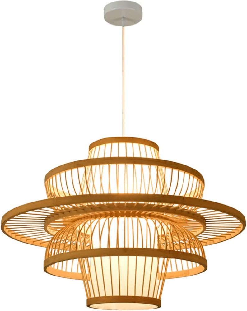 Vintage Bamboo Pendant Lamp Rattan Hand Woven Chandelier, Multilayer Hanging Ceiling Light Pefect for Kitchen Island Dining Room Bar Bedroom, E27