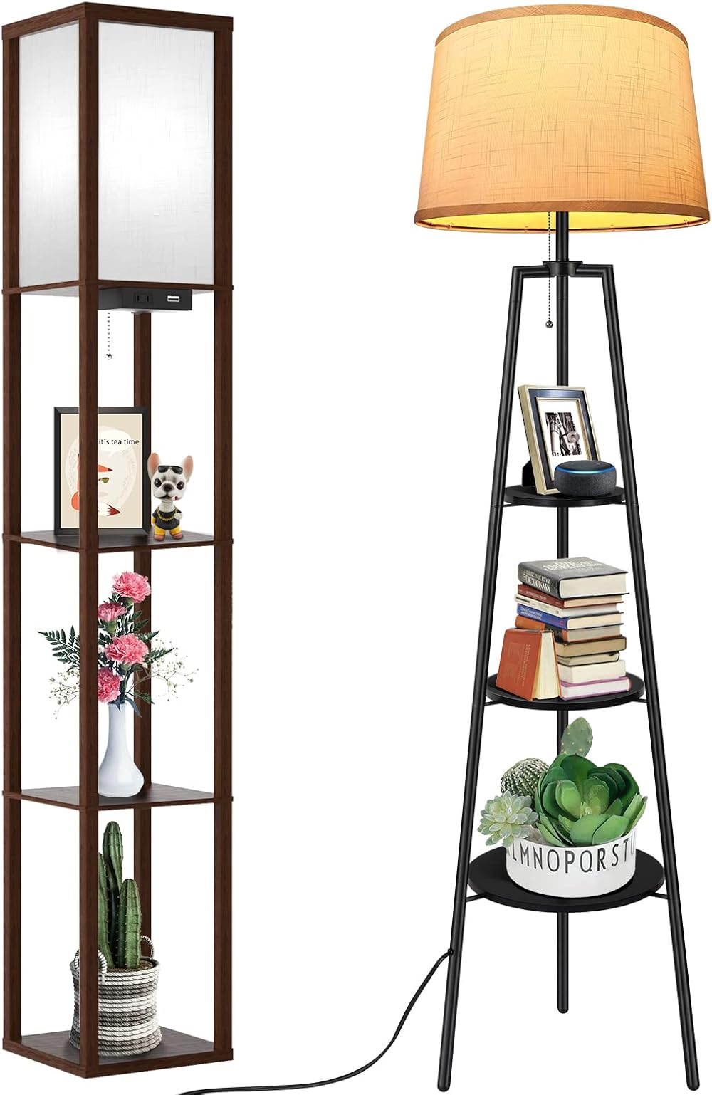 OUTON Floor Lamp with Shelves, LED Column Modern Floor Lamp with USB Port & Power Outlet, Tripod Floor Lamp with Shelves with 3 Color Temperatures, Memory Function for Living Room, Bedroom, Office