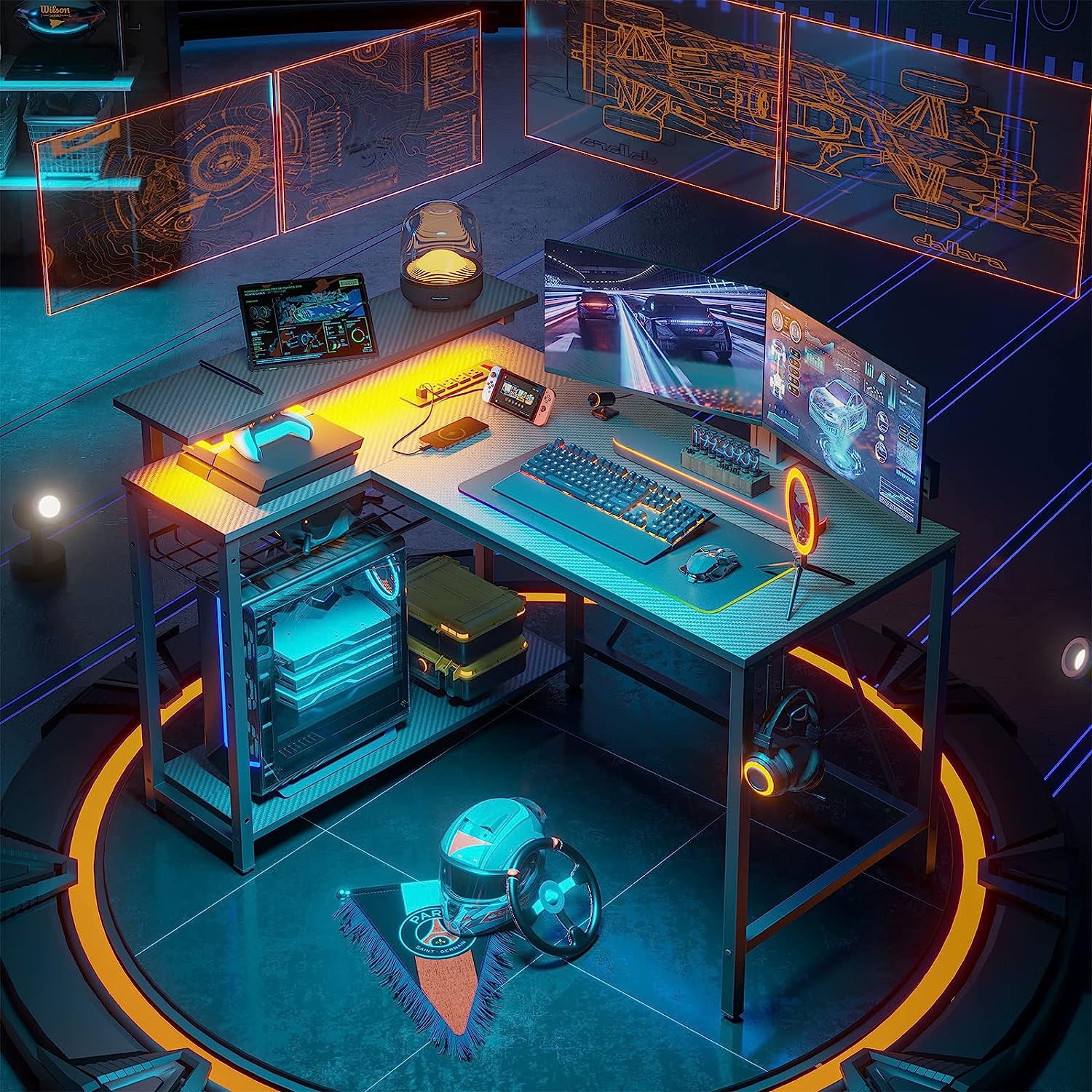 Bestier Small L Shaped Gaming Desk with Power Outlets,42 inch LED Computer Desk