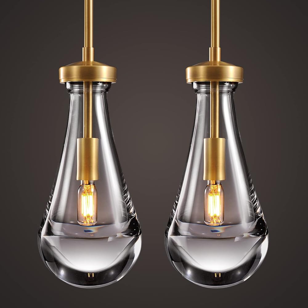 Raindrop Pendant Lights 2 Pack, Pendant Lights for Kitchen Island, Brass Rod Dining Room Light Fixture, Raindrop Chandelier, Pendant Lights for Living Room Hallway, Including Bulb