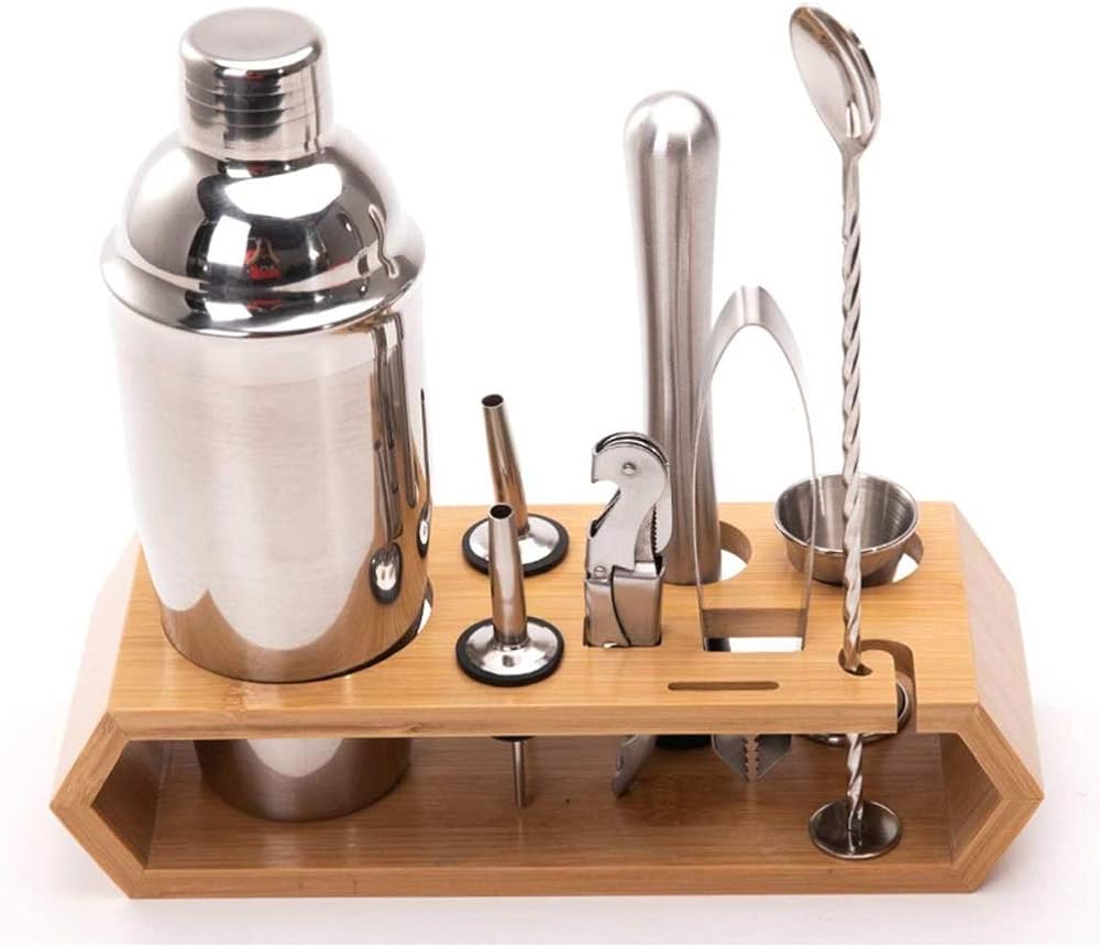 DFHBFG 10pcs Stainless Steel Cocktail Shaker Set Barware Kit with Square Wooden Rack for Bartender Drink Party Bar Sets