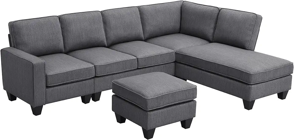 104 inch L-Shape Sectional Sofa 7-Seat Linen Couches Sets with Chaise Lounge and Convertible Ottoman for Living Room,Apartment,Office, Dark Grey