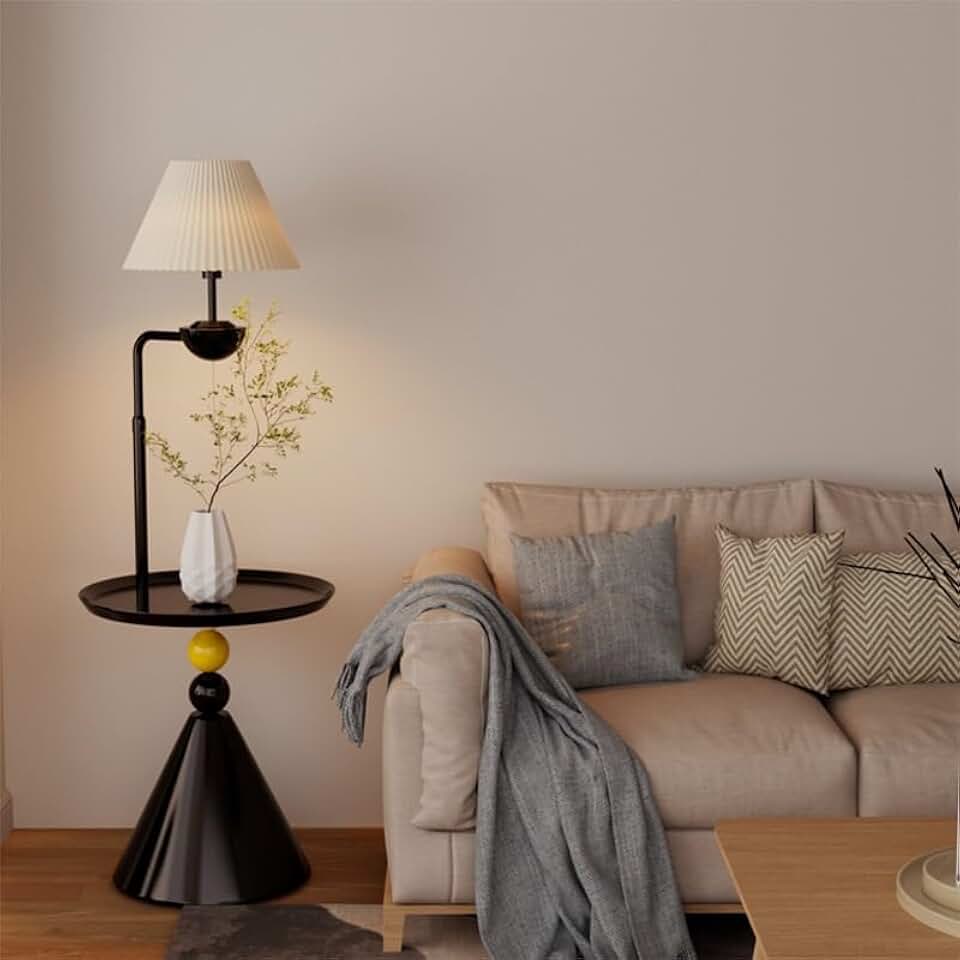 Cream Style Home Decor Floor Lamp Fabric Shade Standing Lamps Height Adjustable Ambient Standing Stepless Dimmable Floor ‎Metal Lights with Table for Living Room Bedroom Study(Stepless)
