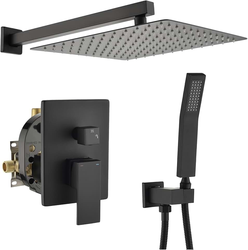 WELLFOR 12-In Wall Mounted Rain Shower Faucet with Single Handle and Handheld Spray, Waterfall Dual Head Shower Head System with 2-way Diverter, Pressure-balanced Valve Included, Matte Black