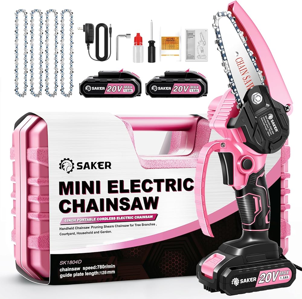 Saker Mini Chainsaw,Portable Electric Pink Mini Chainsaw Cordless and Saker Mini Chainsaw Only 2*Chains