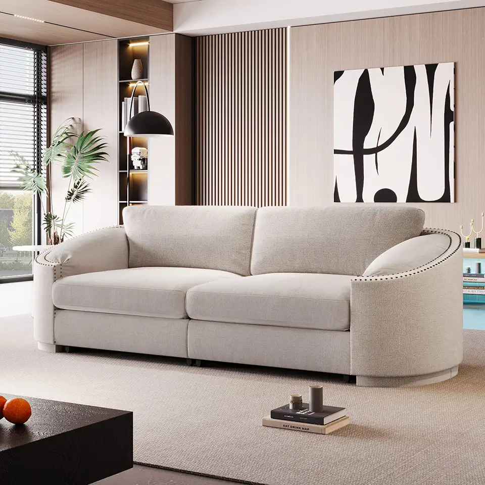 Upholstered Sofas, Modern Couch with Semilunar Arm and Rivet Detailing, Furniture with Solid Frame for Apartments Office Living Room, Beige, 92, Beige4