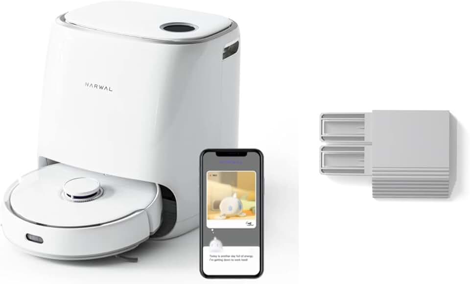 NARWAL Freo Robot Vacuum and Mop Comb with Threshold Extension Module.Washing & Drying,Dirt Sense Ultra Clean, Auto Add Cleaner, LCD Display, Smart Swing, Arcuate-Route, WiFi, APP Control, White