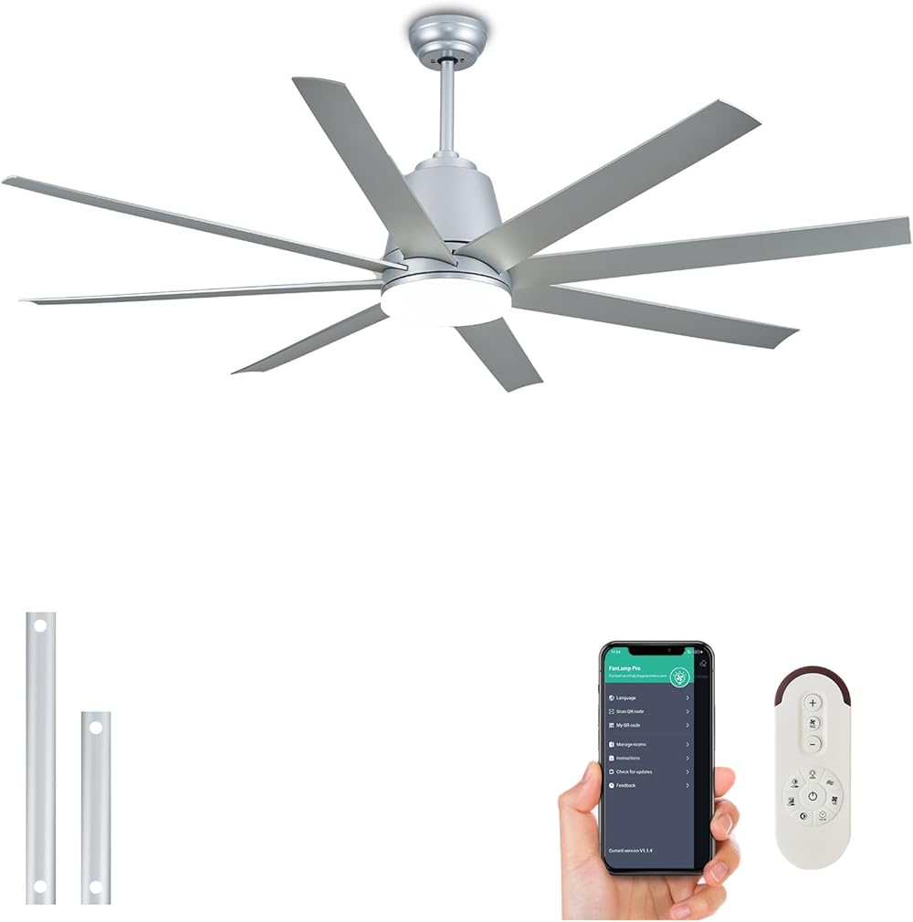 72 inch Large Ceiling Fans with Lights and Remote, Dimmable Indoor Outdoor Modern Ceiling Fan with 8 Blades for Living Room Patio Kitchen Farmhouse,Quiet DC Motor,6 Speed,Sliver
