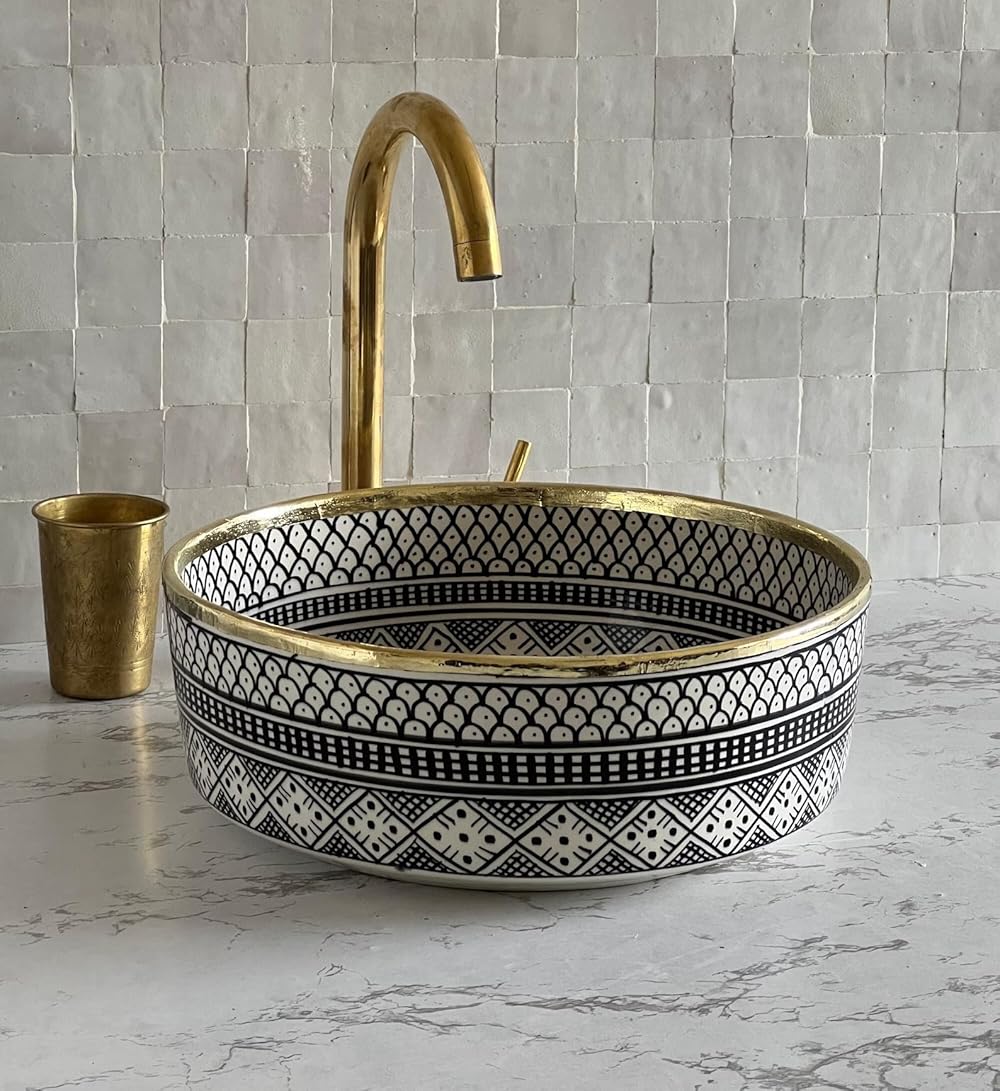 MIRATILE Handmade Ceramic Moroccan Basin Sink, Handwash Countertop Vanity Basin, Farmhouse Bathroom Basin, Sink Bowl with Brass Rim Edge, Hand Painted Wash Basin Sink. (16