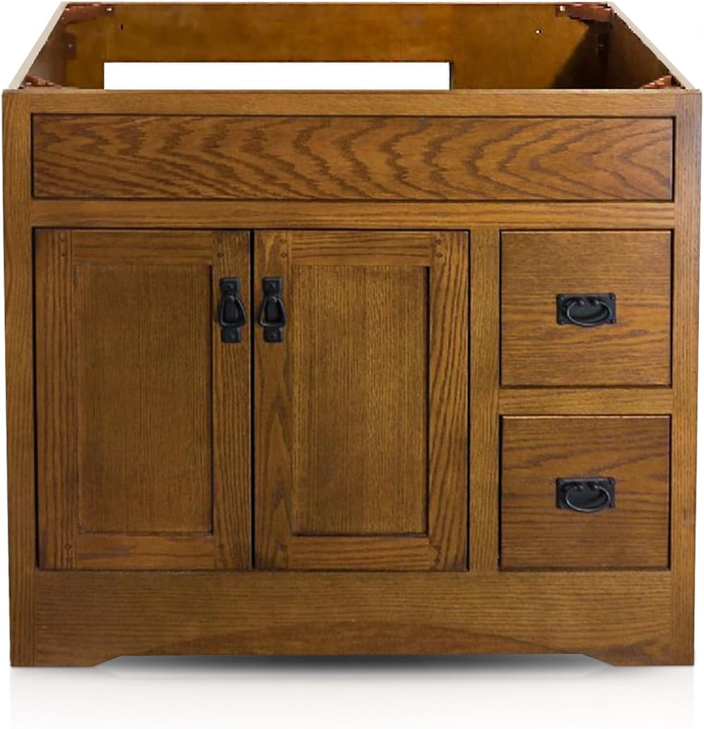 Bathroom Vanity, Bathroom Vanities 36, RTA, Inset Structure, Brown Wood Stains, Soft Close Door, Single Sink, Wood, Oak, Brown, 2 Doors and 2 Drawers, Floor Mount, Powder