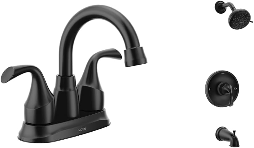 Moen Idora Matte Black Two-Handle Centerset Bathroom Sink Faucet with Drain Assembly, 84115BL + Moen Idora Matte Black Posi-Temp Tub and Shower with Valve Included, 82115BL