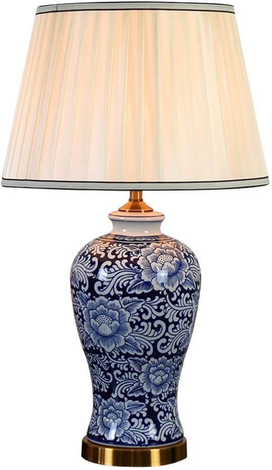Hand-Painted Ceramic Table Lamp, Desk Night Chinese Style Jingdezhen Blue and White Porcelain Desk Lamp Traditional Table Lamps for Living Room