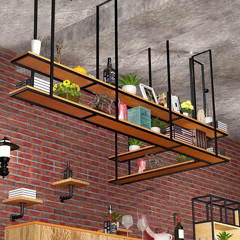 Ceiling Mount Hanging Wine Rack， 2 Layer Kitchen Pot Rack Storage Shelf Black Metal Holder with Wood Board，for Bar Cafe Restaurant Balcony Flower Shop (Size : 140x30x80cm)