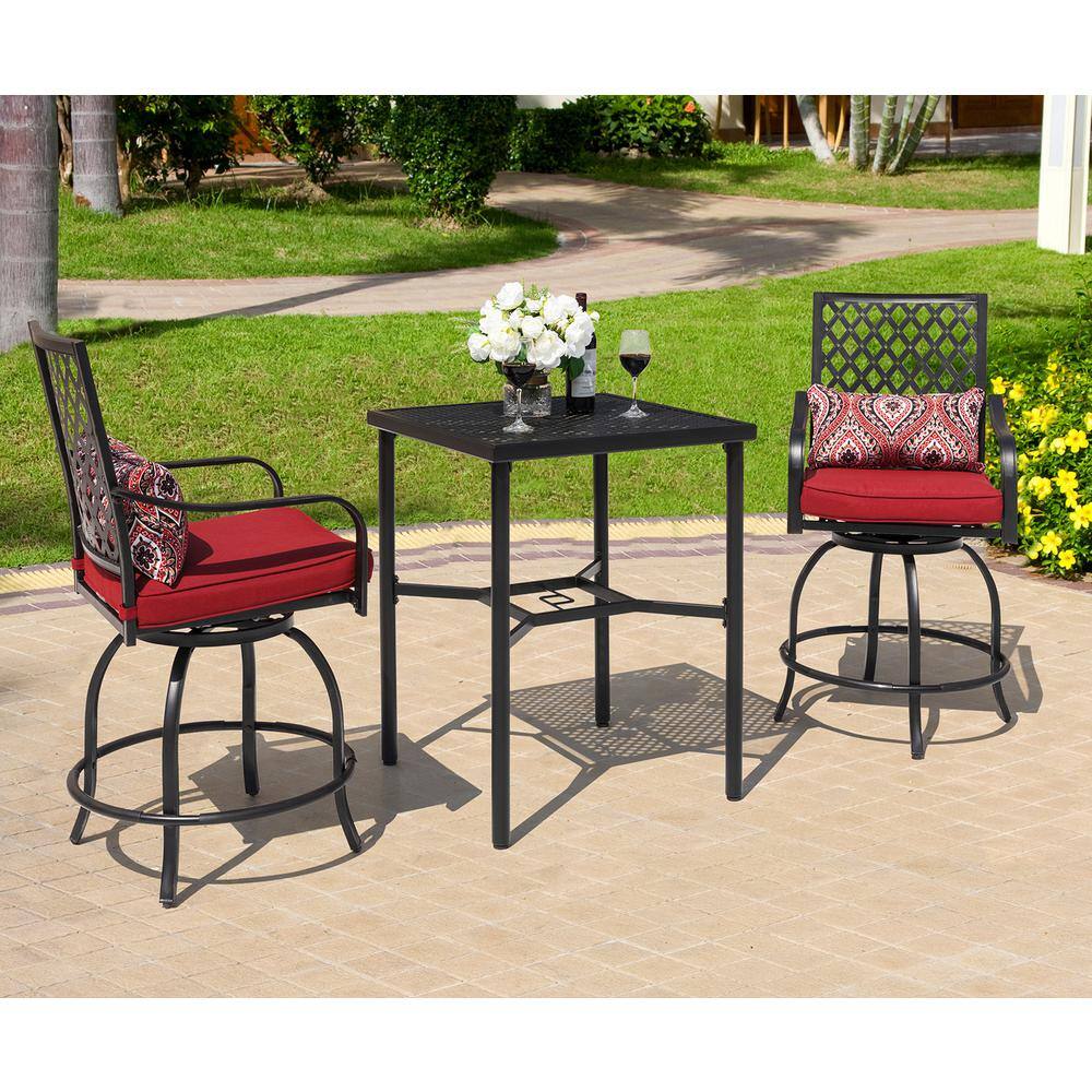 Nuu Garden 3-Piece Patio Swivel Bistro Set Outdoor Balcony Furniture Set with Red Cushions