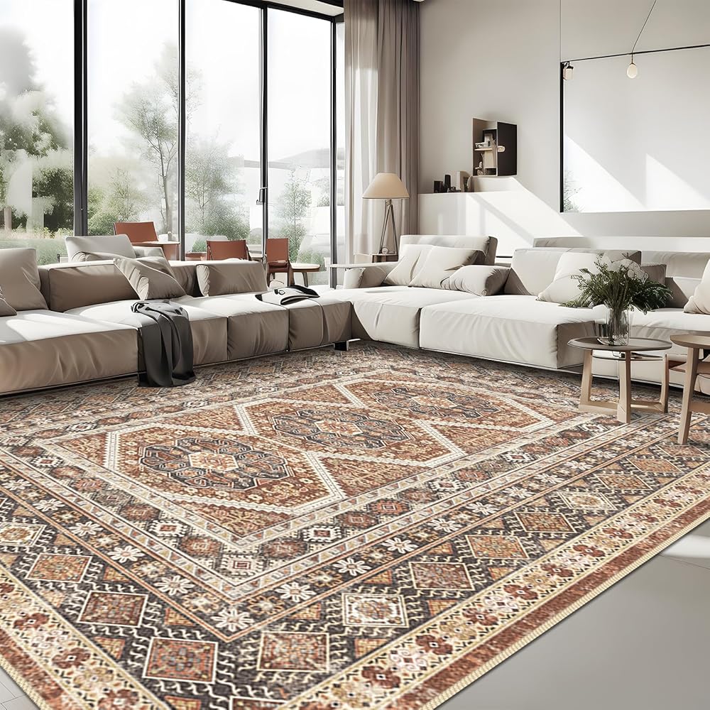 Washable Living Room Area Rug: 9x12 Large Super Soft Vintage Rugs Bedroom Oriental Indoor Rug Water Resistant Ultra Thin Carpet Non-Slip Backing Distressed Rugs for Kitchen 9x12 Brick