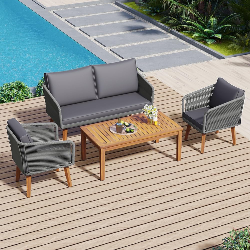 TREXM 4-Piece Patio Conversation Set, Solid Wood Loveseat, 2 Chairs and Table, Outdoor Conversation Group with Cushions for Backyard, Poolside, Garden (Dark Grey Cushion + Grey Rope)