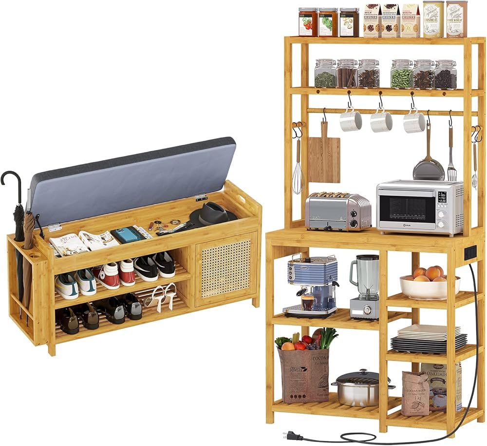 Bakers Rack with Power Outlets and Shoe Storage Bench for Entryway, Natural