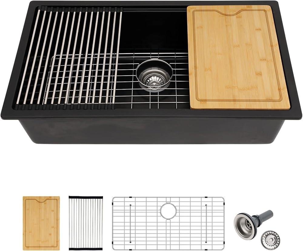 33 Granite Composite Kitchen Sink Workstation - Lofeyo 33 inch Granite Sink Matte Black Undermount Quartz Classic Under Counter Ledge Single Bowl Sink Basin with Accessories(33